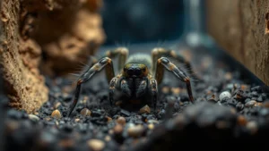 Close-up of a tiny baby tarantula in a small clear enclosure with moist substrate, cork bark, and soft lighting showing intricate leg details and natural curiosity
