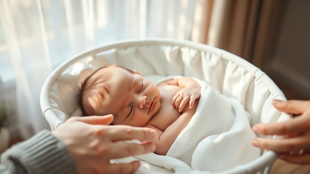Close-up of peaceful sleeping newborn in white bassinet with soft morning light filtering through sheer curtains, parents' hands gently near baby