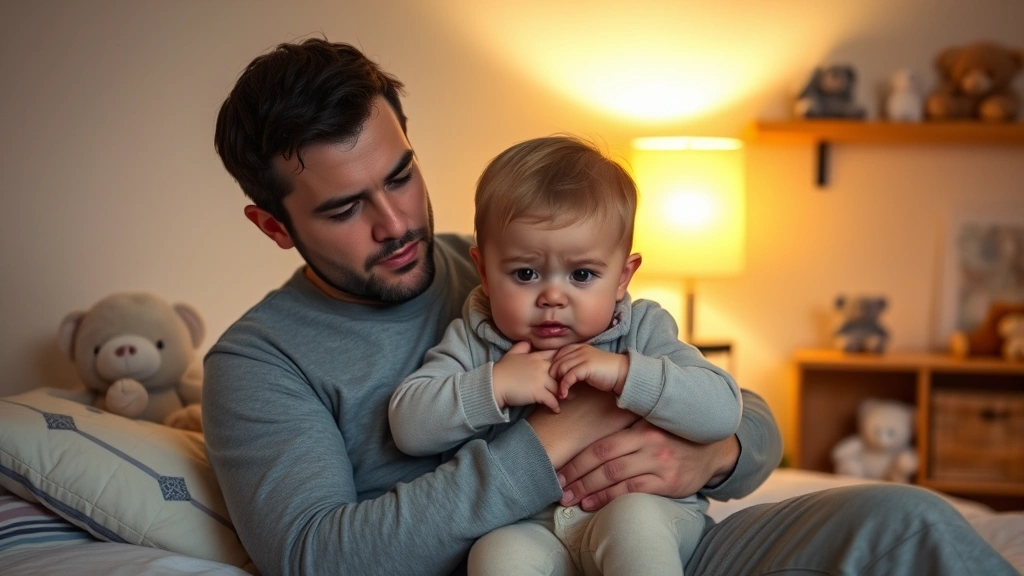 Tired parent holding fussy toddler during evening bedtime routine, warm lamp lighting, comfortable bedroom with stuffed animals on shelf