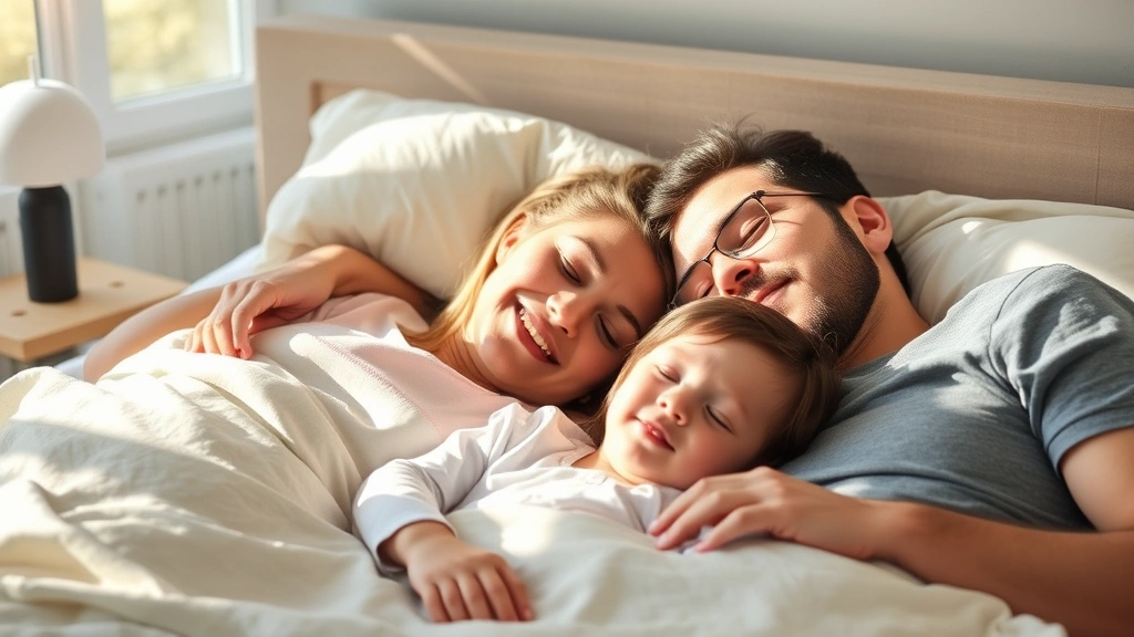 Happy family sleeping soundly together, morning sunlight, refreshed parents and well-rested child showing benefits of established sleep patterns