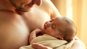 Close-up of gentle parent holding swaddled newborn against chest, skin-to-skin contact, soft warm lighting, peaceful expression on parent's face, intimate parenting moment
