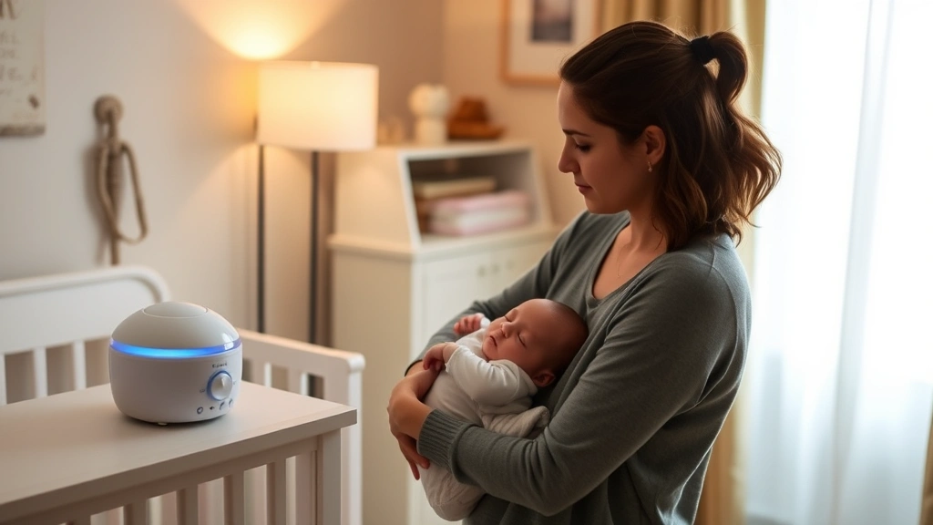 Peaceful nursery scene with parent using white noise machine, dimmed lighting, comfortable temperature-controlled room, baby in secure holding position, nurturing environment setup