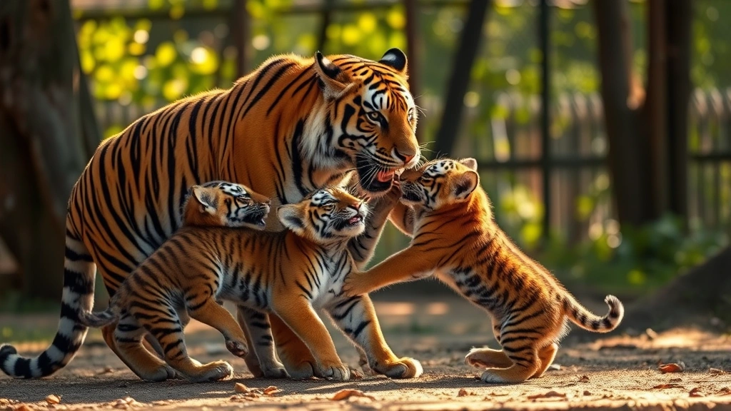 Tiger mother with two playful cubs wrestling and pouncing in natural habitat, warm sunlight filtering through trees, genuine animal behavior captured with affection and joy