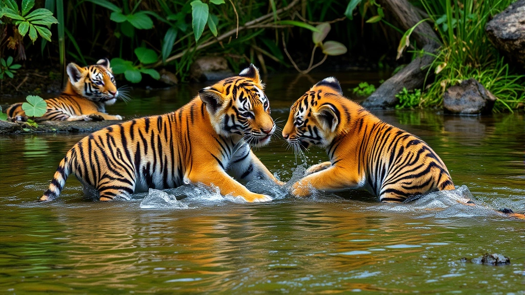 Tiger cubs playing together in shallow water stream, sibling interaction with splashing and social bonding, family togetherness in natural environment with lush vegetation