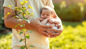Newborn baby in parent's arms beside freshly planted small sapling in sunny backyard, soft natural lighting, tender family moment