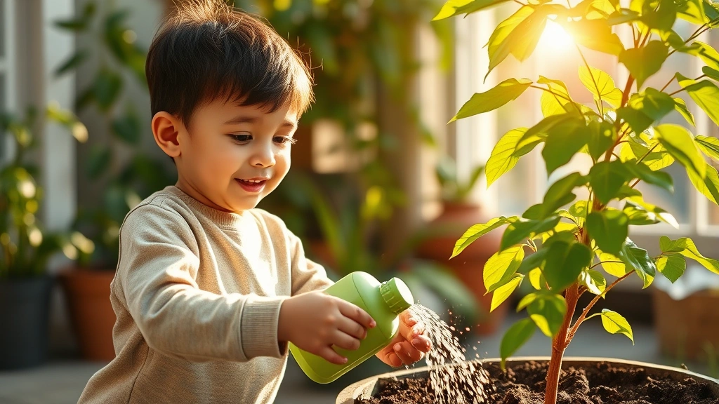 Child of approximately five years old carefully watering their growing tree in home garden, genuine smile, morning sunlight filtering through leaves
