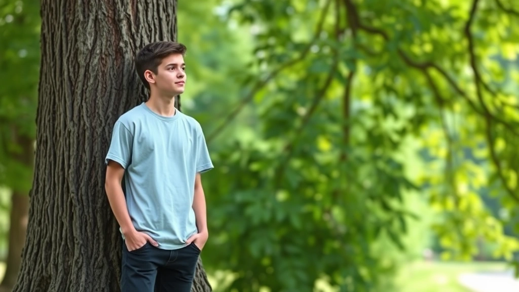 Teenage young person standing tall beside mature tree, reflecting peacefully, showing growth progression over years, peaceful natural setting
