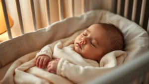 Peaceful newborn baby sleeping soundly in a safe crib with soft bedding, dim warm lighting, and a calm nursery environment with neutral tones