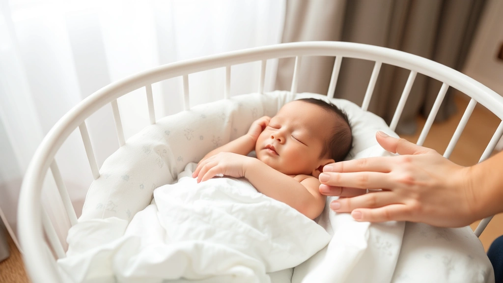 Peaceful newborn sleeping soundly in white bassinet with soft natural light filtering through sheer curtains, parent's hand gently touching baby's arm