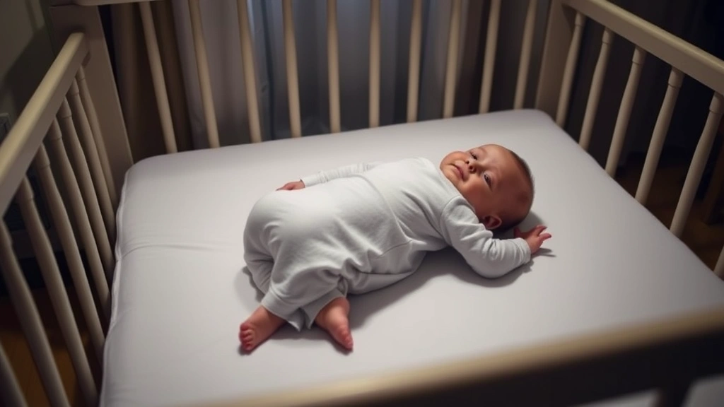 Calm infant lying on back in safe crib with firm mattress and fitted sheet, no pillows or blankets, serene bedroom environment with dim lighting