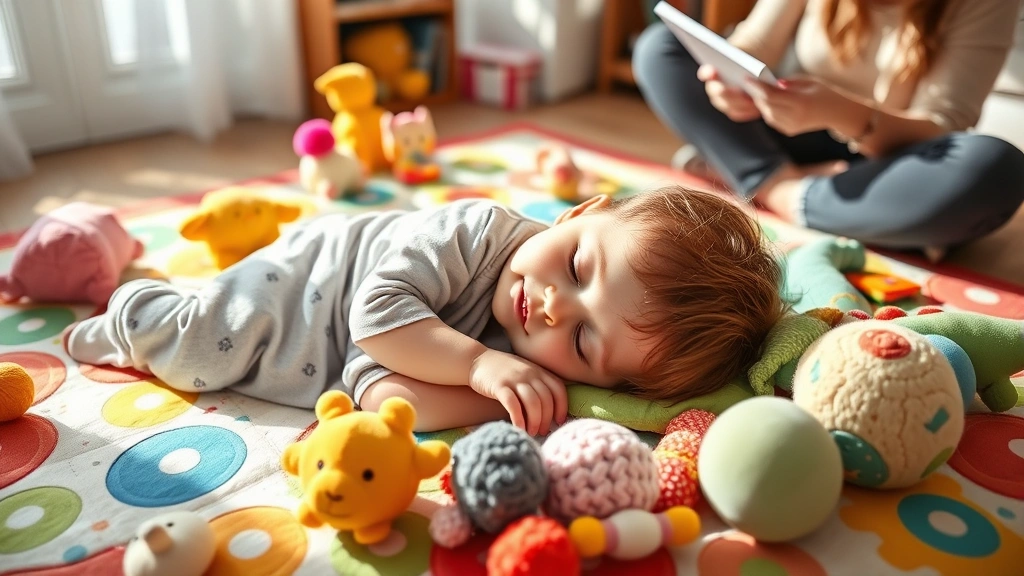 Toddler napping peacefully on colorful play mat surrounded by soft toys, afternoon sunlight, parent sitting nearby reading, relaxed family moment