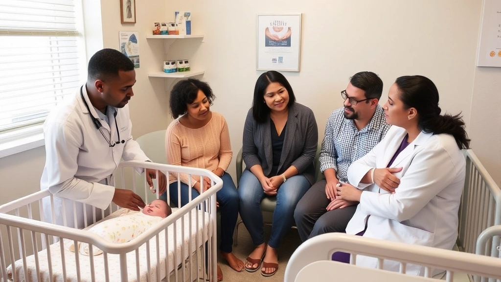 Pediatrician discussing safe sleep options with diverse parents looking at bassinet and crib models in clinic setting