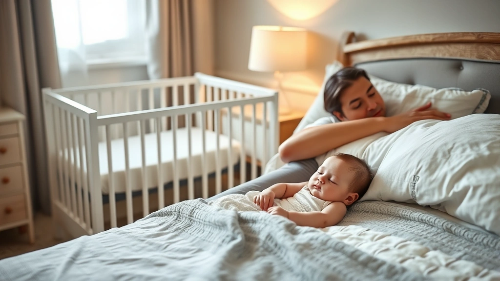 Peaceful sleeping baby in separate crib positioned beside parents' bed in softly lit bedroom, room-sharing arrangement