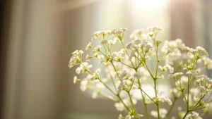 Close-up of delicate white baby's breath flowers with soft focus background in bright, natural sunlight streaming through a window