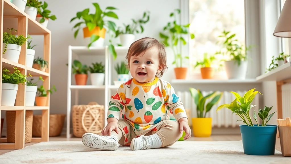 Young toddler in colorful clothing playing safely in a bright nursery with non-toxic green plants on high shelves, out of reach