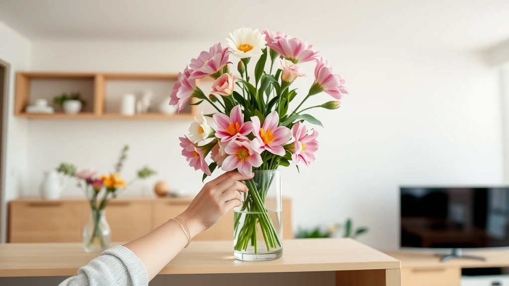 Parent's hands arranging beautiful silk flowers in a clear vase on a high shelf in a modern home, demonstrating proper flower placement safety