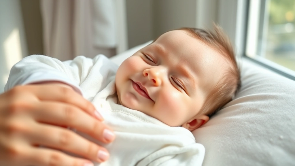 Close-up of smiling baby sleeping peacefully in soft bamboo pajamas, natural morning light through window, gentle and serene atmosphere, parent's hand visible checking on baby