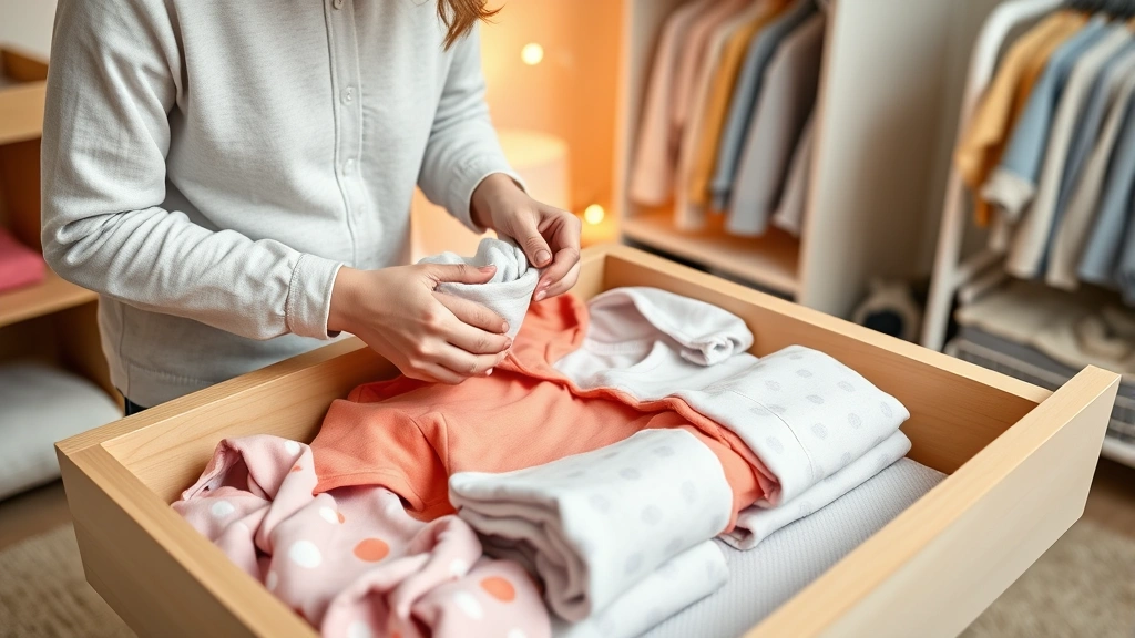 Parent folding and organizing colorful bamboo baby pajamas in nursery drawer, warm home lighting, organized clothing collection, modern minimalist nursery background