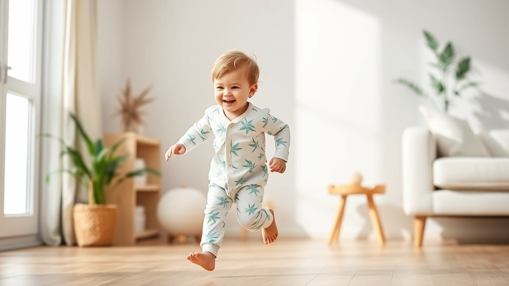 Toddler playing and running in comfortable bamboo pajamas during daytime, active movement showing fabric flexibility and comfort, happy child in bright home setting