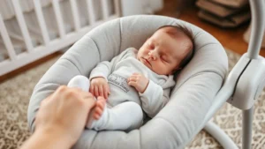 Newborn baby peacefully resting in soft gray bouncer seat with gentle motion, parent's hand visible providing comfort and reassurance in warm nursery setting