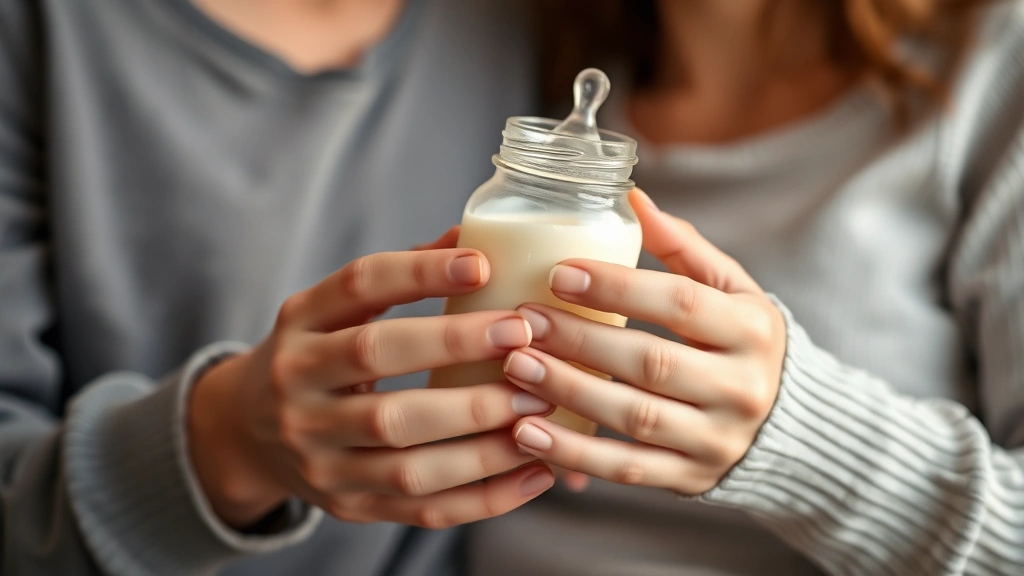 Close-up of parent's hands holding warm glass baby bottle filled with milk, soft lighting, cozy home setting, wearing casual clothing