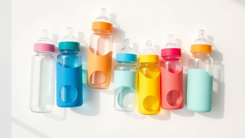 Flat lay arrangement showing multiple colorful glass baby bottles with protective silicone sleeves in various sizes on white surface, natural daylight
