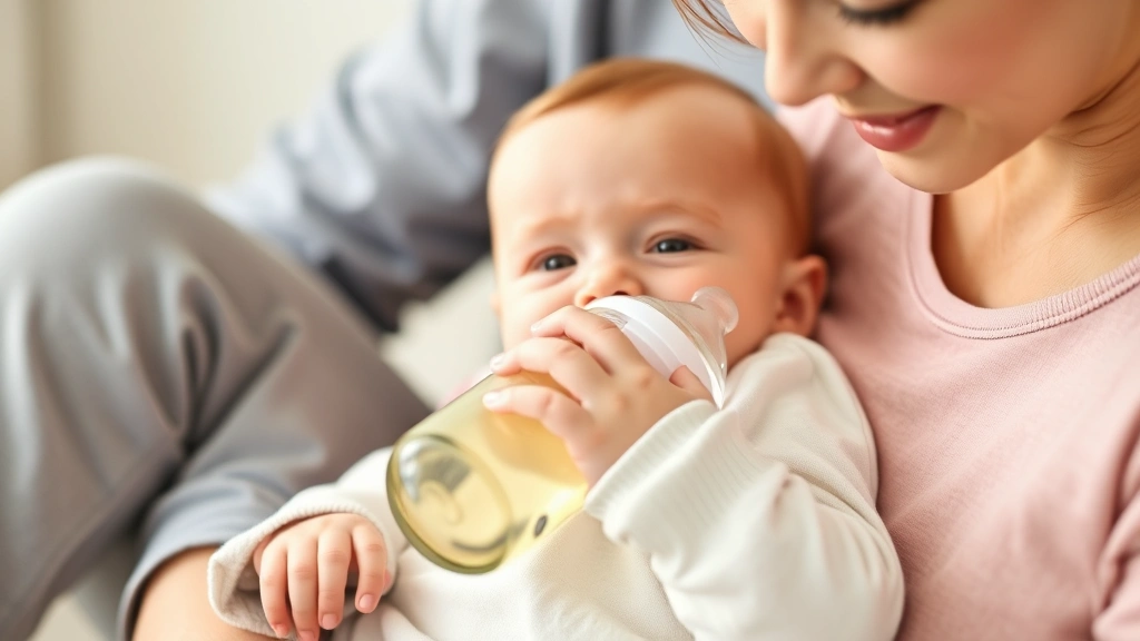 Happy baby drinking from glass bottle with protective sleeve while sitting in parent's lap, warm family moment, genuine interaction, soft focus background