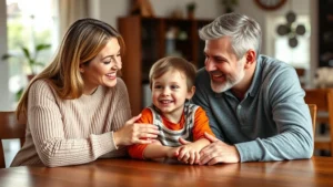 Two parents sitting together at a table with a child between them, smiling, discussing something positive. Warm, supportive family atmosphere. Indoor home setting with natural lighting.