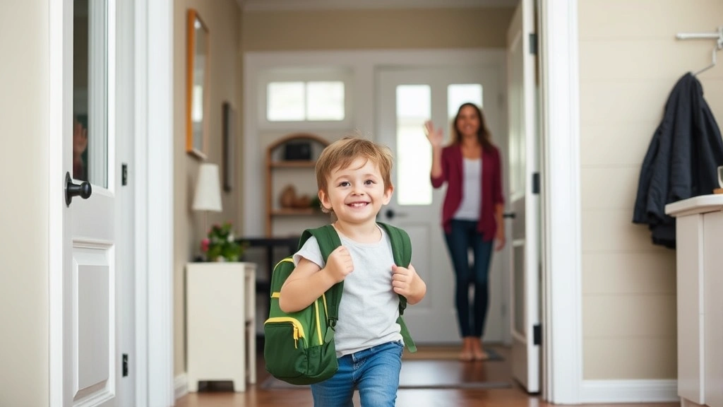 A child happily transitioning between two homes, carrying a backpack, with both parents visible in background waving goodbye. Calm, organized environment showing stability and routine.