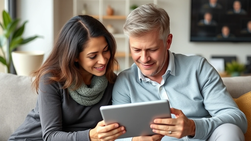 Co-parents using a tablet or calendar together to coordinate schedules, both focused and cooperative, showing effective communication and planning. Professional, organized, collaborative mood.