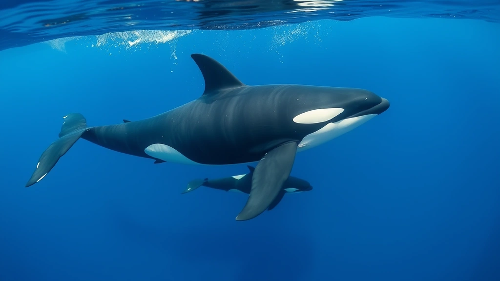 Pregnant killer whale swimming through blue ocean waters with pod members nearby, showing maternal protection and bonding behaviors in natural marine habitat