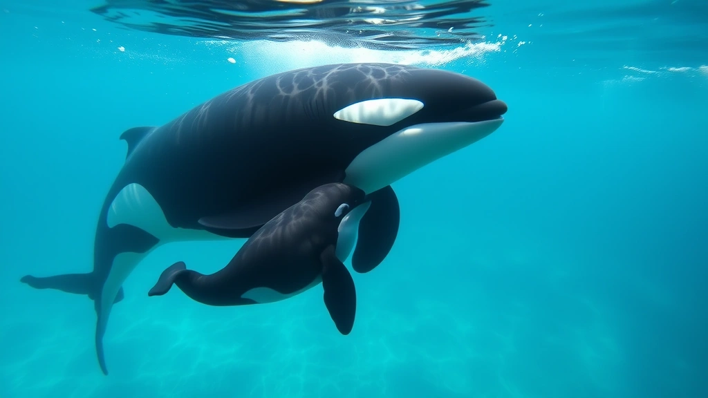 Newborn black killer whale calf swimming close beside its mother, nursing and learning communication in clear tropical waters with sunlight filtering through
