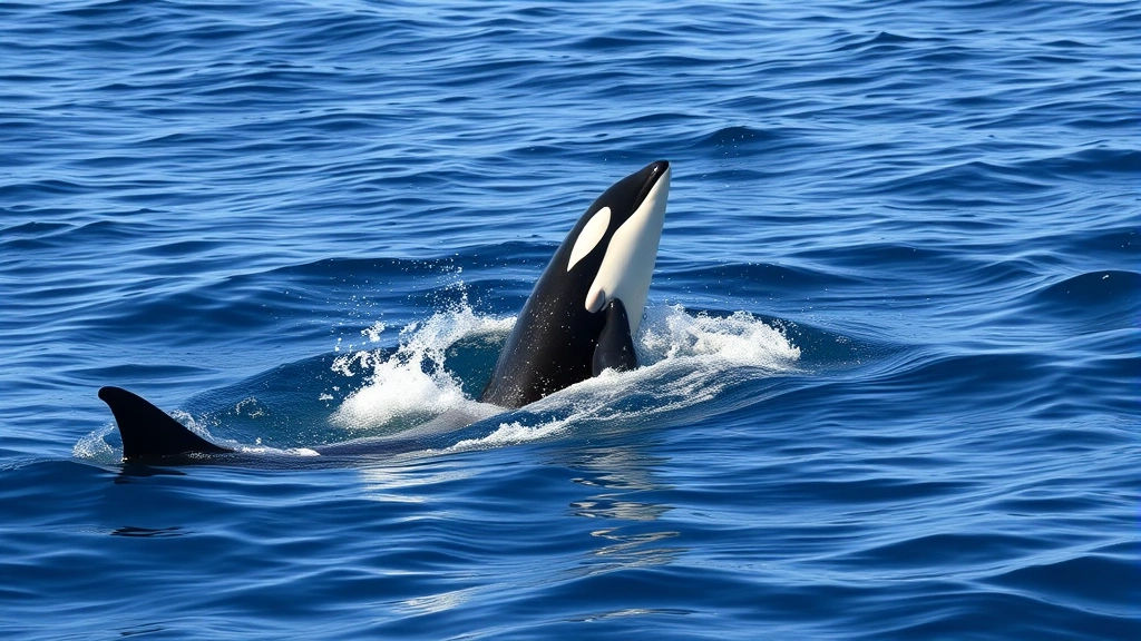 Young killer whale calf playing and breaching with pod members in ocean, demonstrating social learning and development with family group interaction