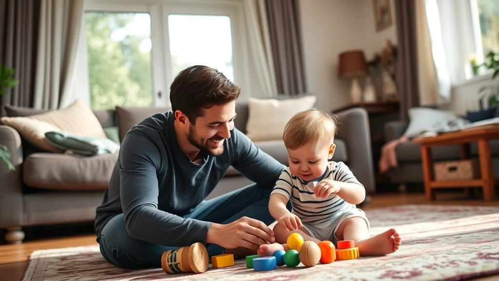 Father sitting on living room floor playing with toddler, both smiling and engaged, natural lighting from window, warm family moment