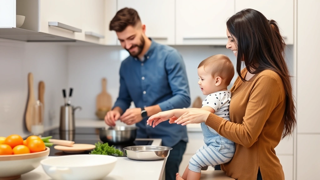 Parent and child cooking together in modern kitchen, child on step stool, parent guiding their hands, joyful interaction, candid moment