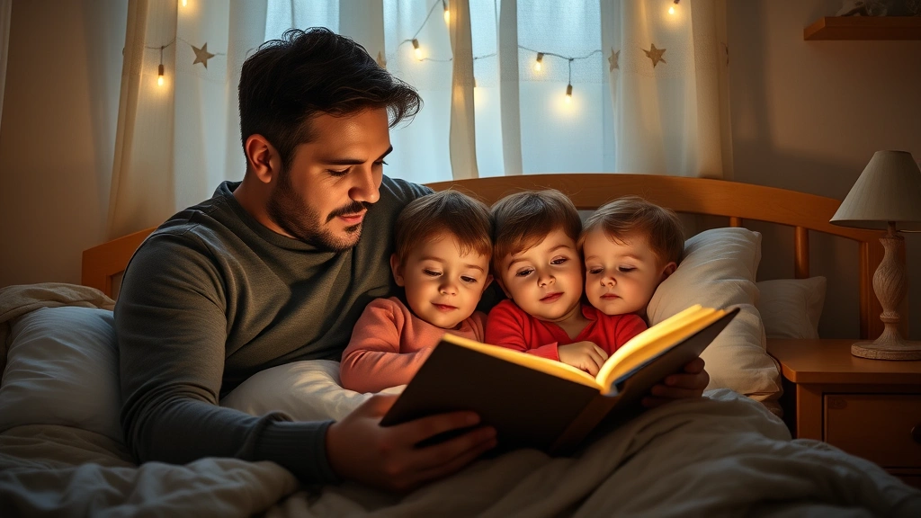 Father reading bedtime story to young children in cozy bedroom, children snuggled close, peaceful evening routine, genuine connection