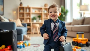 A young child wearing a navy Boss Baby costume with tie and briefcase, smiling excitedly while playing in a bright living room with toys