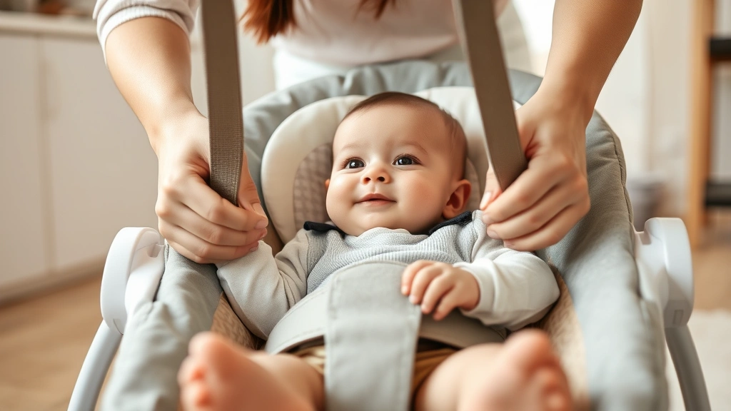 Close-up of parent's hands adjusting safety straps on baby bouncer with alert infant, warm home setting, natural lighting, caring expression visible