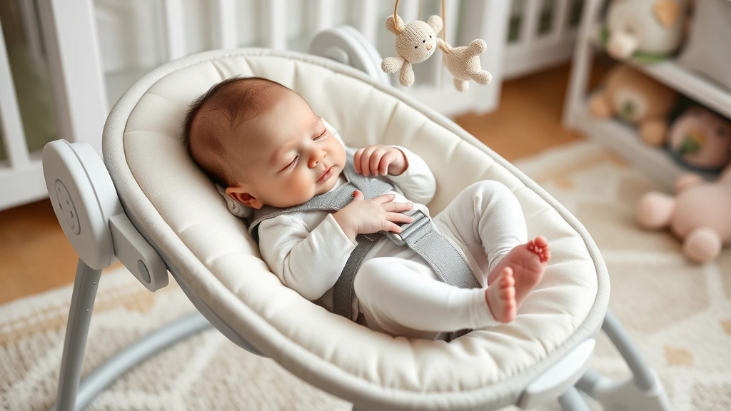 Newborn properly positioned in modern baby bouncer with correct head support, soft cushioning, and secure harness, peaceful nursery environment with soft toys nearby