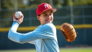 Young baseball player wearing light blue compression sleeve during practice, smiling with confidence while preparing to throw, natural outdoor field lighting