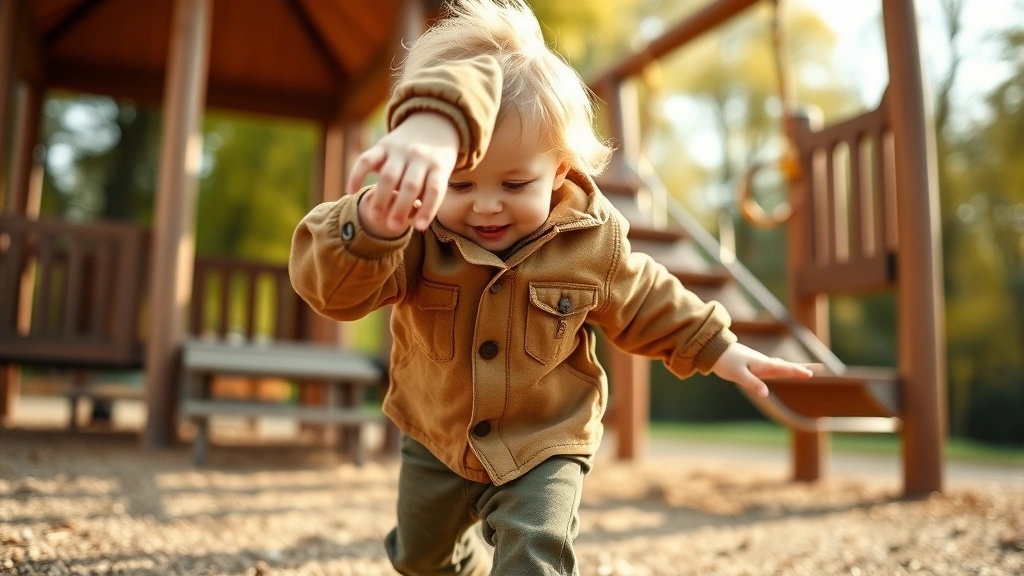 Close-up of toddler wearing durable Carhartt canvas jacket and pants, playing actively in a park setting with wooden playground equipment, warm natural lighting, genuine childhood joy and movement captured