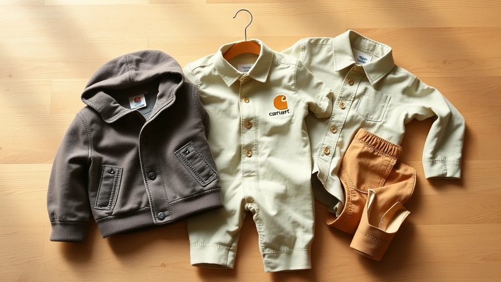 Flat lay of folded baby Carhartt clothing items including jacket, pants, and shirt in neutral colors, showing quality stitching details and construction, soft natural window light on wooden surface