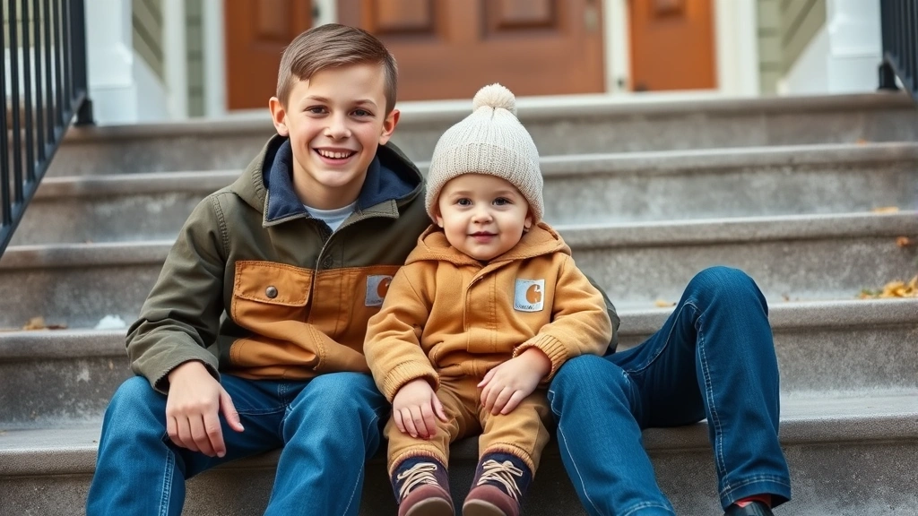 Multi-generational family moment: older sibling and younger toddler both wearing matching Carhartt-style work-inspired pieces, sitting together on steps, warm family connection and hand-me-down clothing theme evident