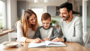 Two parents sitting at kitchen table with young child between them, smiling warmly while reviewing homework together, modern home setting, natural lighting, peaceful atmosphere