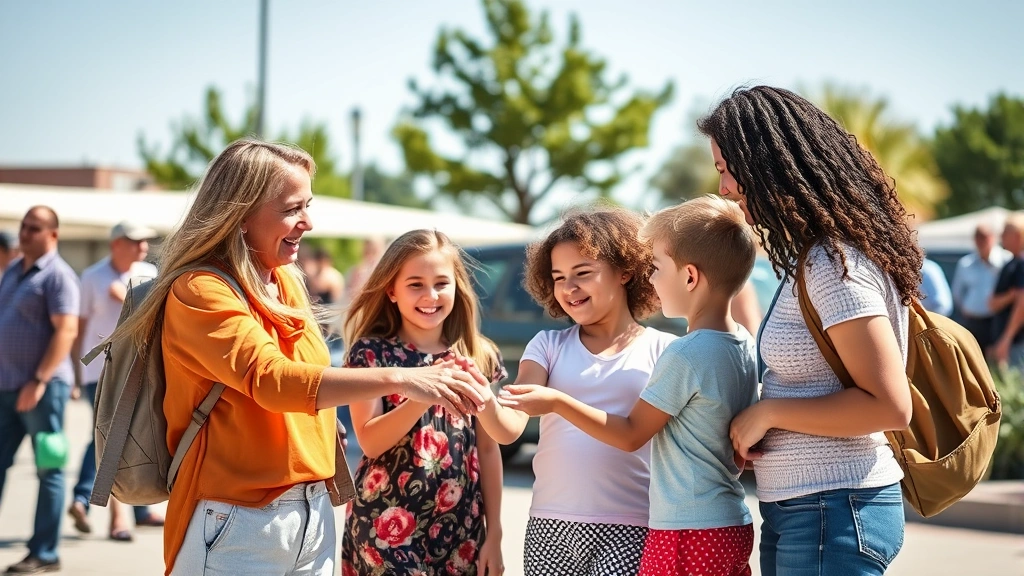 Diverse family group with two parents and two children during transition handoff at neutral location, everyone calm and friendly, sunny day, showing healthy co-parenting exchange