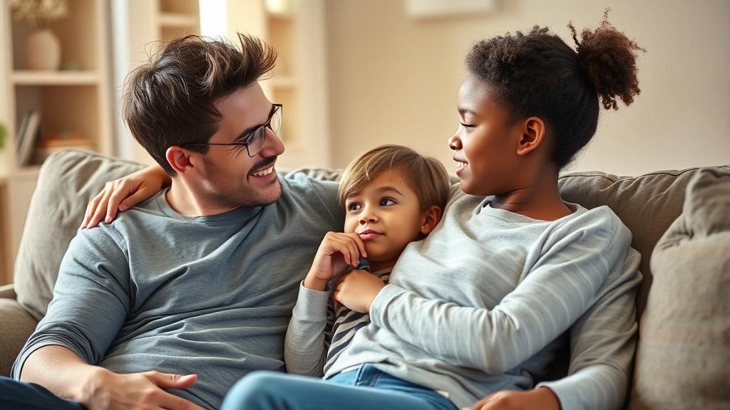 Single parent comforting thoughtful child on couch, having supportive conversation, warm home environment, soft natural light, showing emotional connection and listening