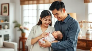 Asian family with newborn baby, parents holding infant tenderly, warm home setting with traditional decorative elements, natural lighting, genuine joy and connection