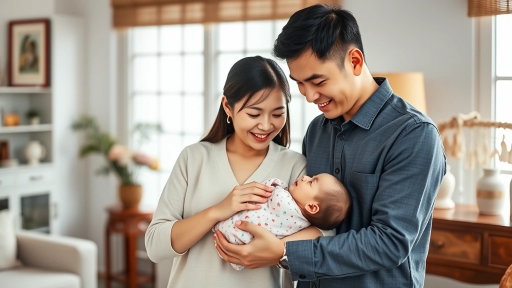 Asian family with newborn baby, parents holding infant tenderly, warm home setting with traditional decorative elements, natural lighting, genuine joy and connection