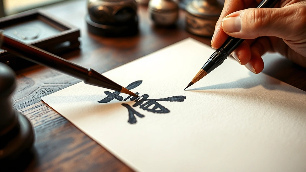 Close-up of Chinese calligraphy characters being written with brush, beautiful ink strokes, peaceful artistic workspace, wooden desk with traditional elements