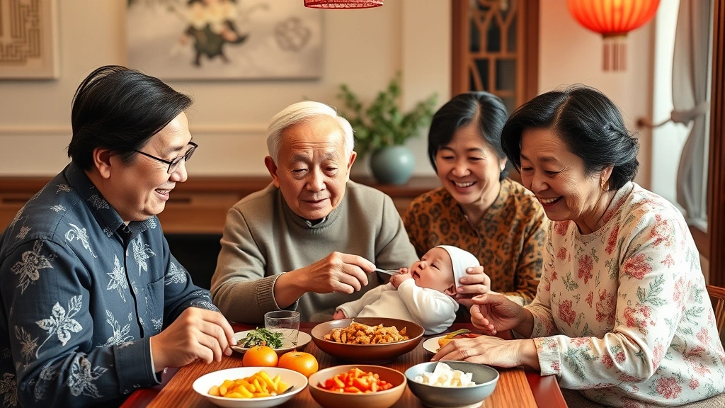 Multi-generational Chinese family gathering, grandparents with adult children and new baby, sharing meal together, warm family bonding moment, cultural celebration